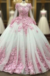 Ball Gown Long Sleeve Tulle Semi Formal Prom Flowers Wedding Dress